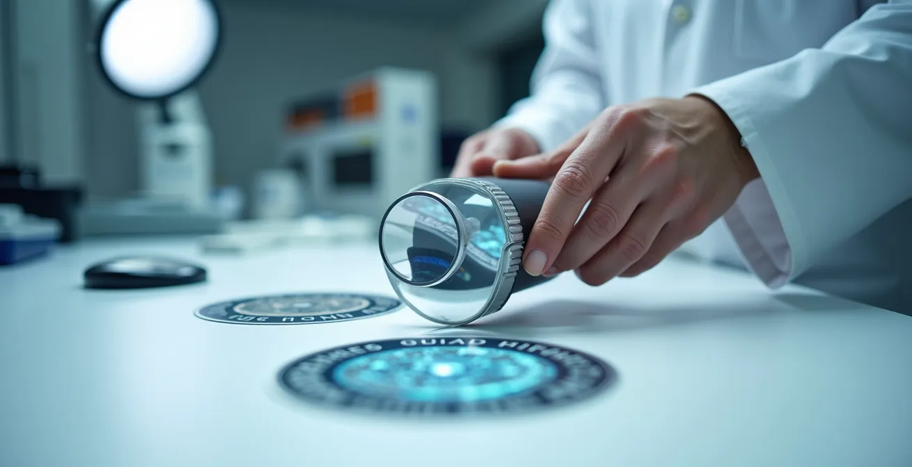 Main examinant une cartouche avec loupe