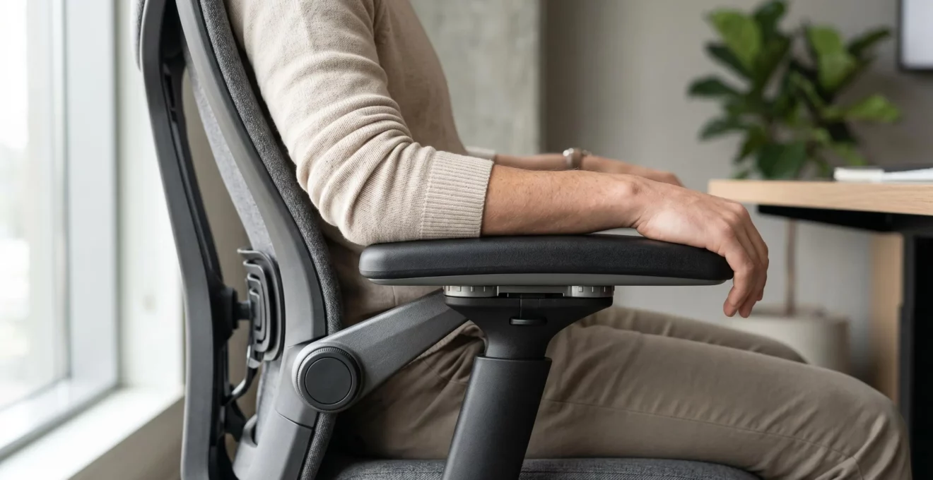 Gros plan sur les accoudoirs 3D d'un siège ergonomique réglés à la hauteur du bureau de travail