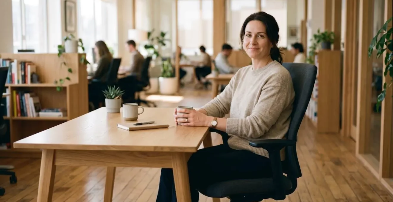 Professionnel assis sur une chaise ergonomique de bureau, posture droite et pieds à plat au sol