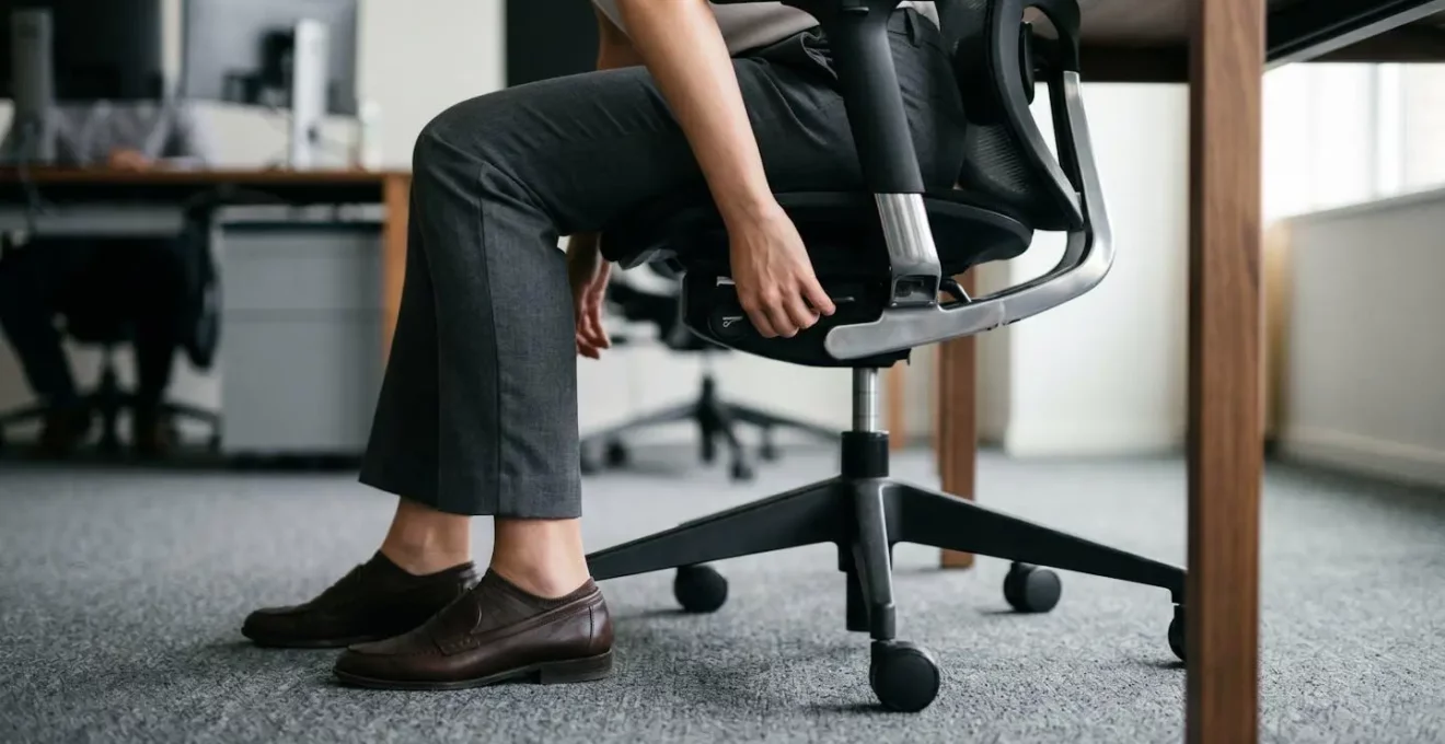 Vue latérale d'un utilisateur réglant la hauteur de son siège ergonomique pour avoir les pieds à plat sur le sol